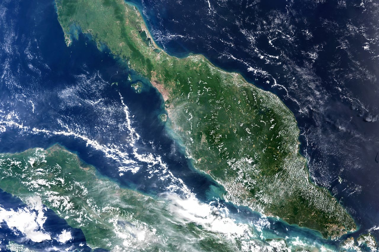 A satellite image shows The Straits of Malacca, a vital shipping lane in Southeast Asia running between Malaysia, Singapore and the Indonesian island of Sumatra.