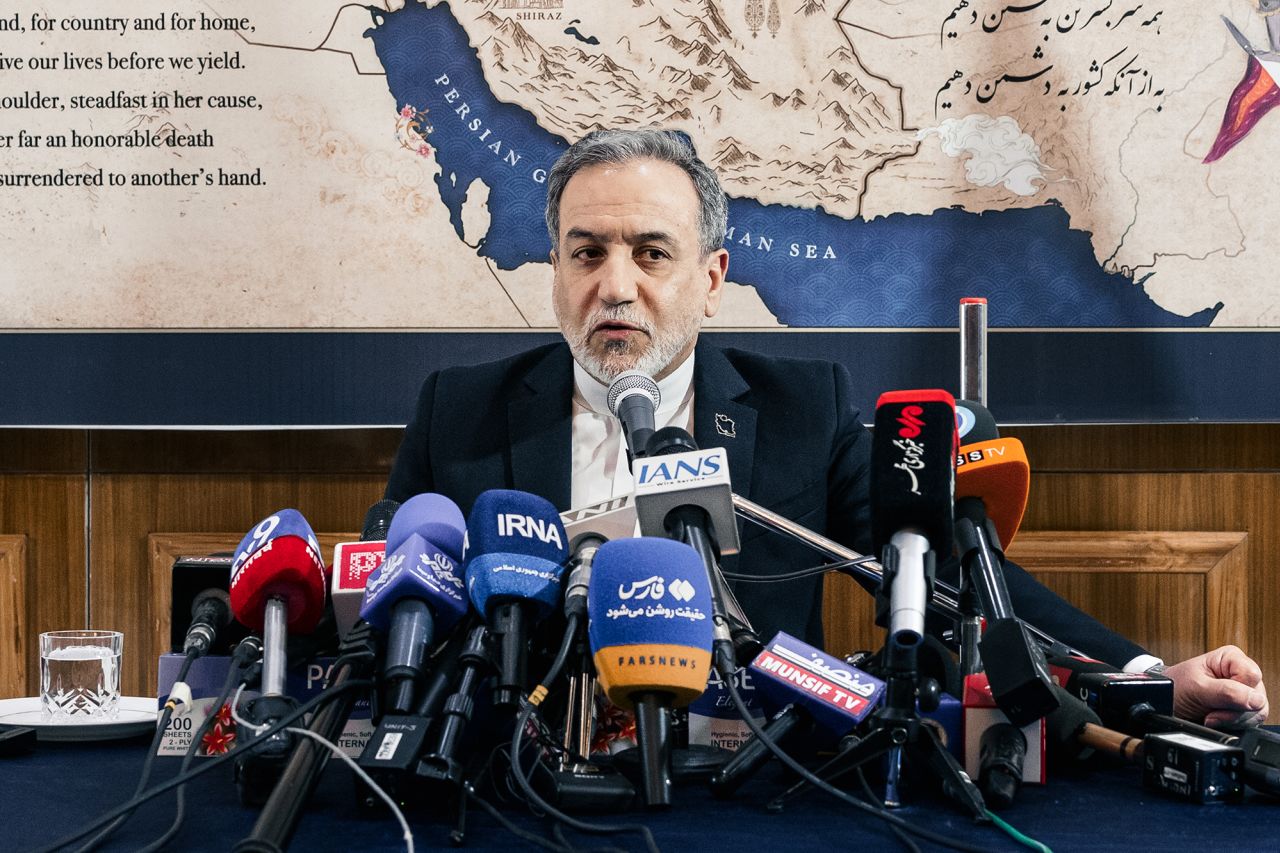 Iran's Foreign Minister Abbas Araghchi attends a press conference at the Iranian embassy in New Delhi, on May 15.