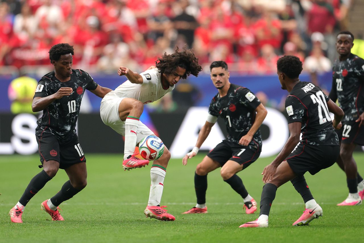 Morocco's Ayyoub Bouaddi controls the ball against Canada on July 4.