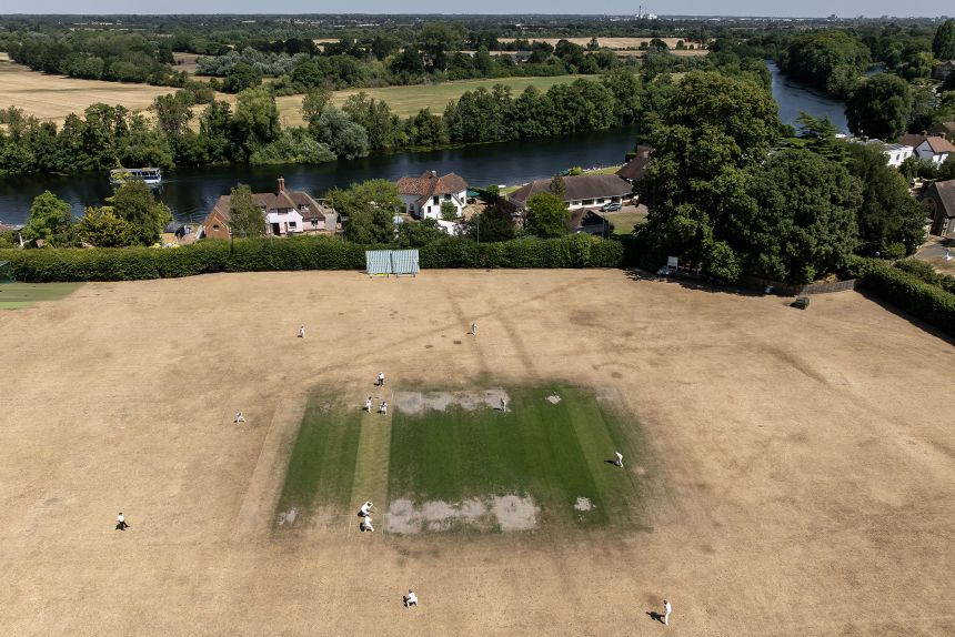 The contrast between the scorched grass dominating the landscape and the greenery England is used to is stark.