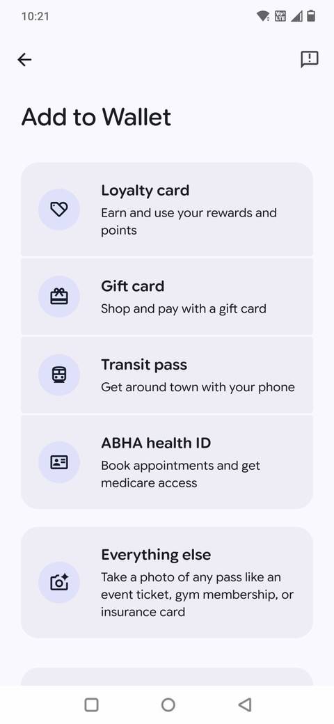 Screenshot showing the Everything else option in Google Wallet