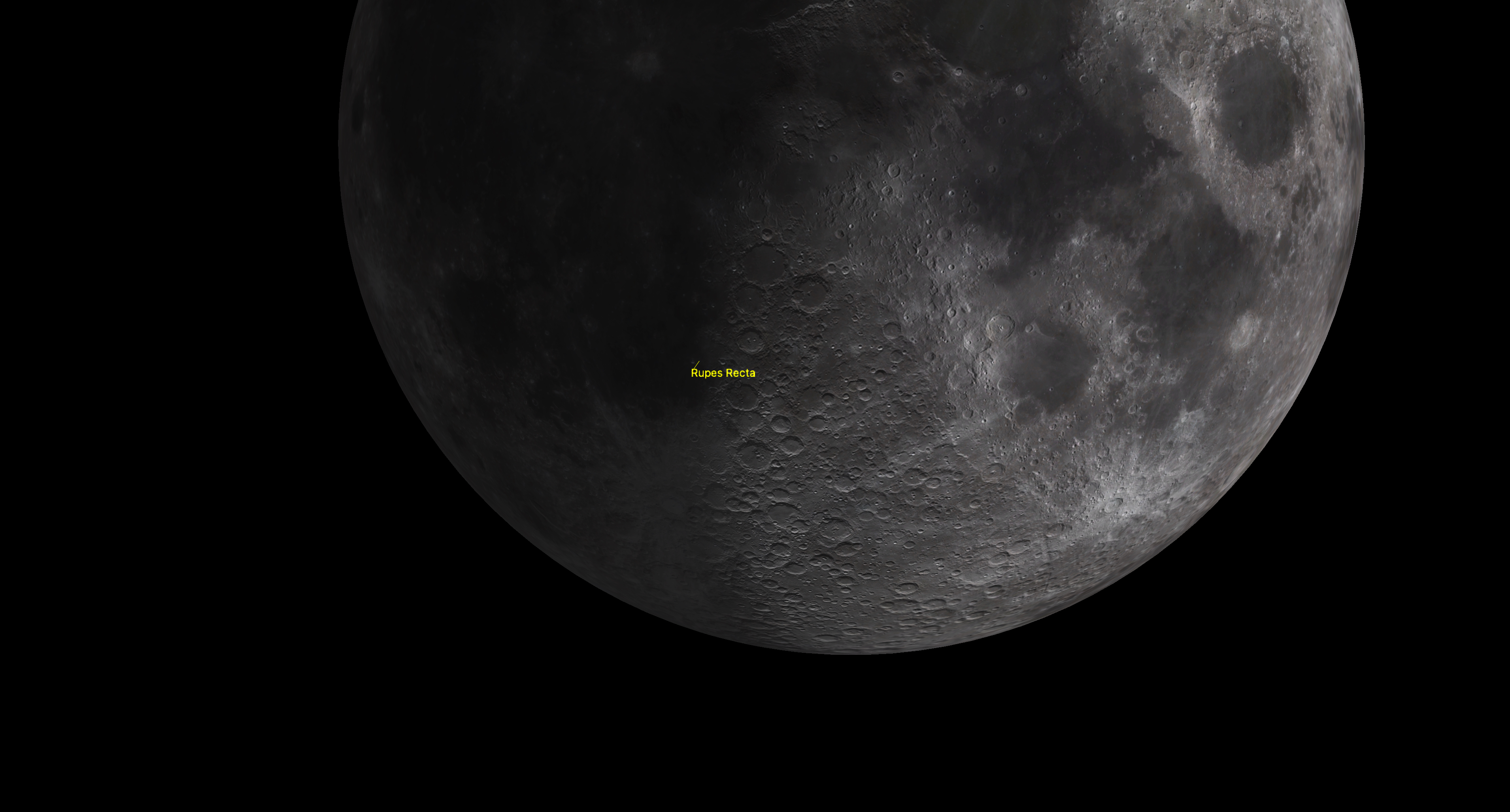 Close-up of the waxing gibbous moon highlighting Rupes Recta, the Straight Wall, near the lunar terminator.