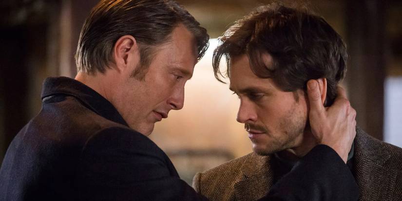 Dr. Hannibal Lecter wraps his arm around Will Graham in a supportive though imposing fashion in 'Hannibal'.