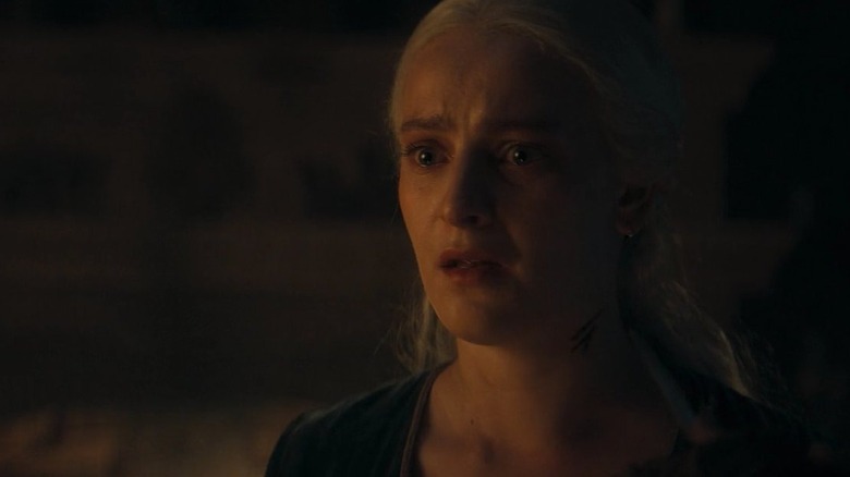 Phia Saban as Helaena looking terrified in House of the Dragon