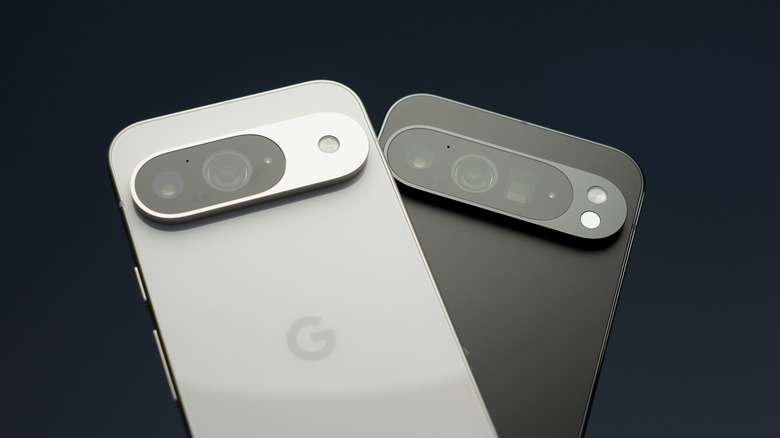 A close-up of the back of the Google Pixel 9 and Pixel 9 Pro XL phones