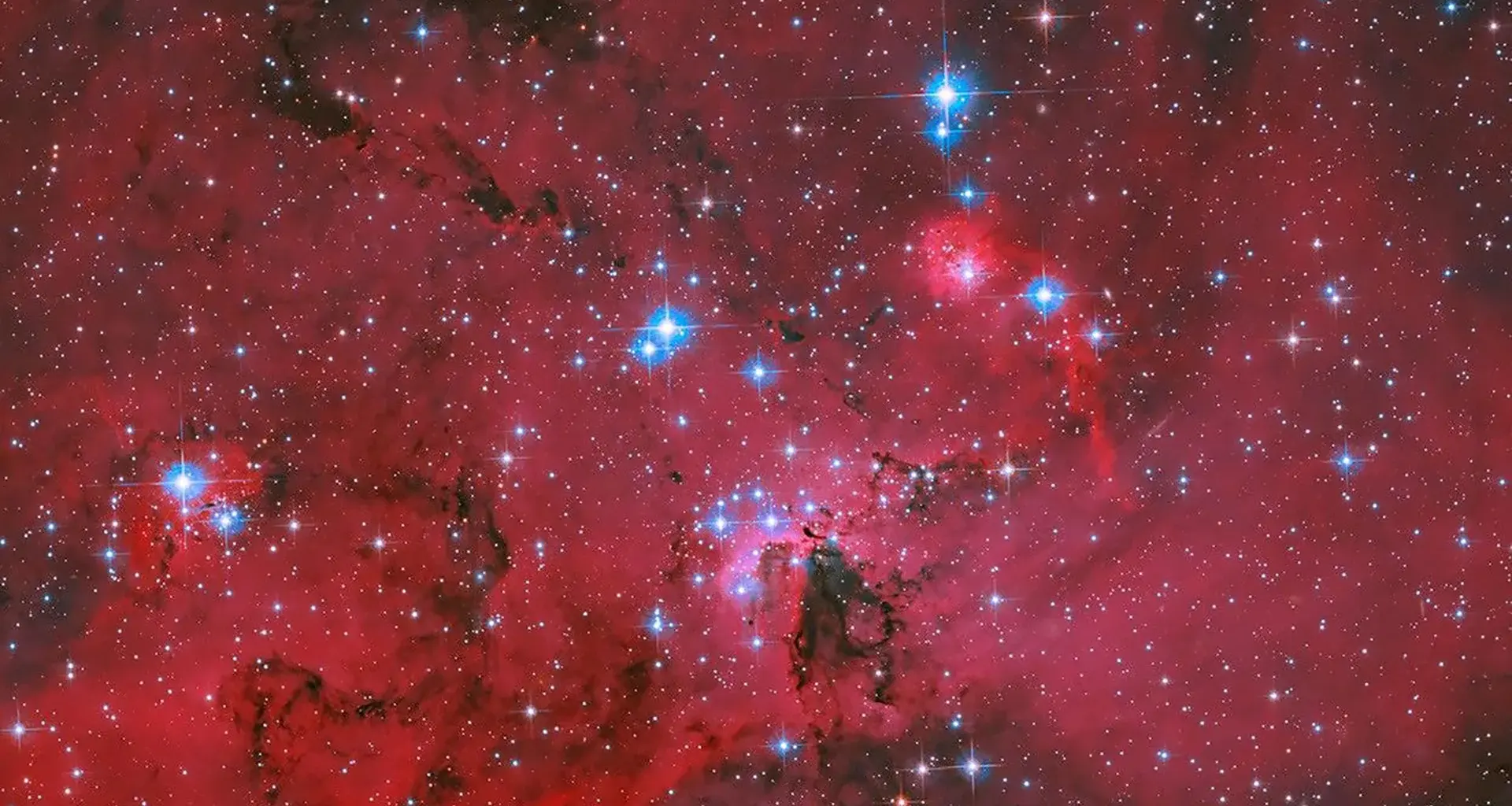 NASA's Hubble captures a crimson stellar nursery sparkling with blue and white stars