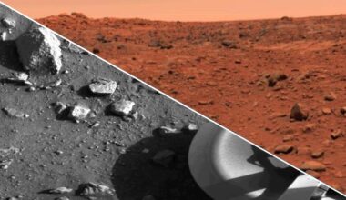 Two images show different sides of Mars, one being a grayscale image and the other being bright orange.