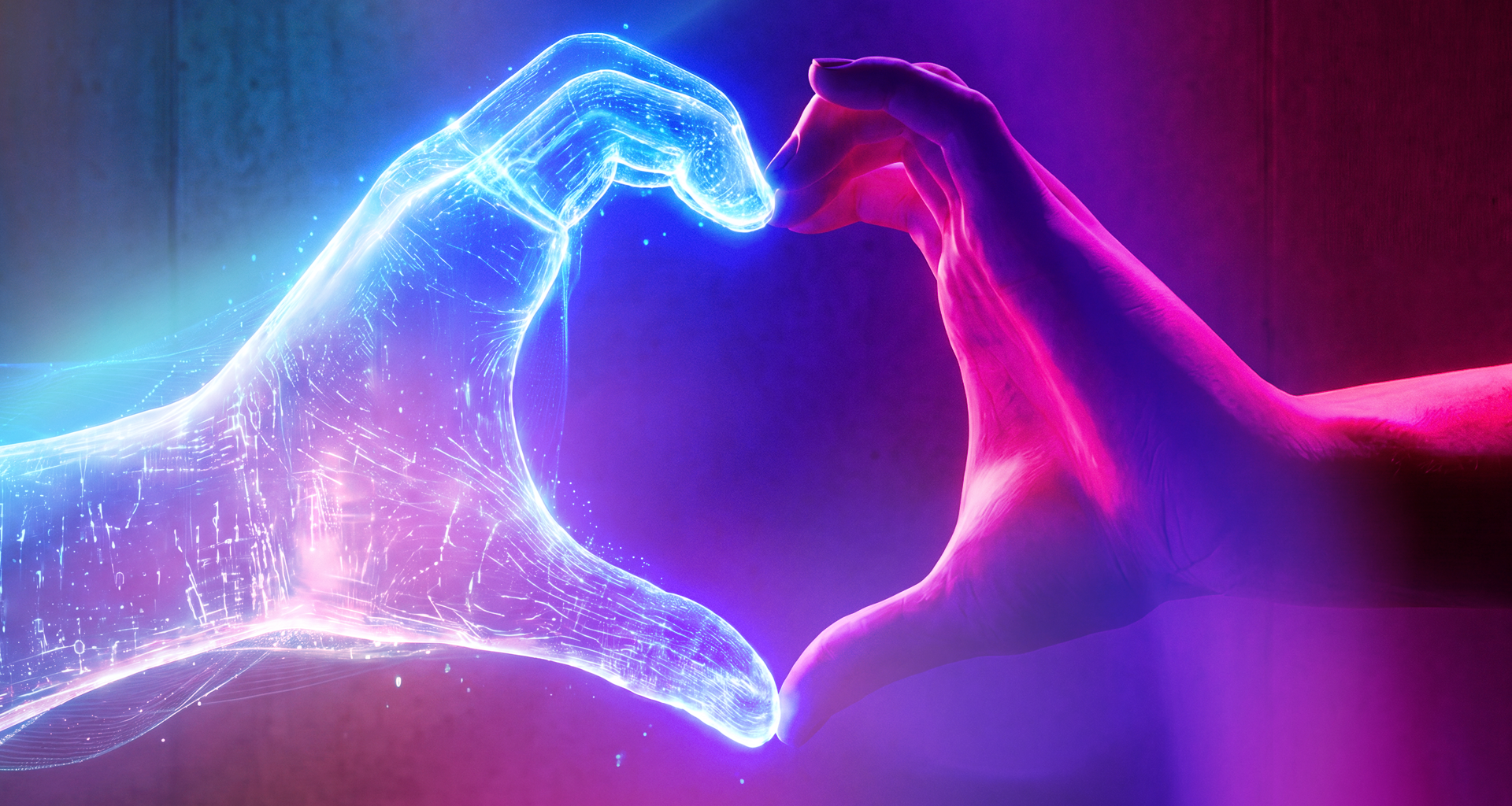 A glowing hand meets a human hand to form a heart shape