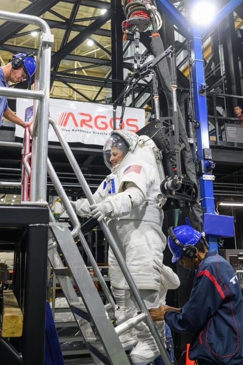 Christina Koch navigating a ladder in a simulated moonwalk