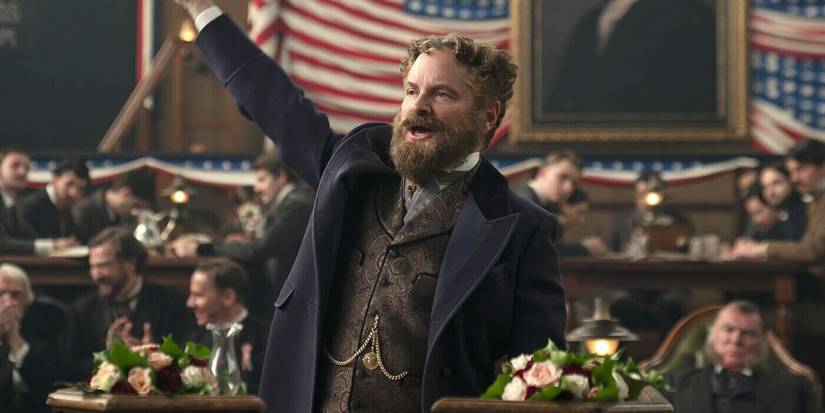 Death by Lightning - Shea Whigham cheering during an otherwise seated meeting.