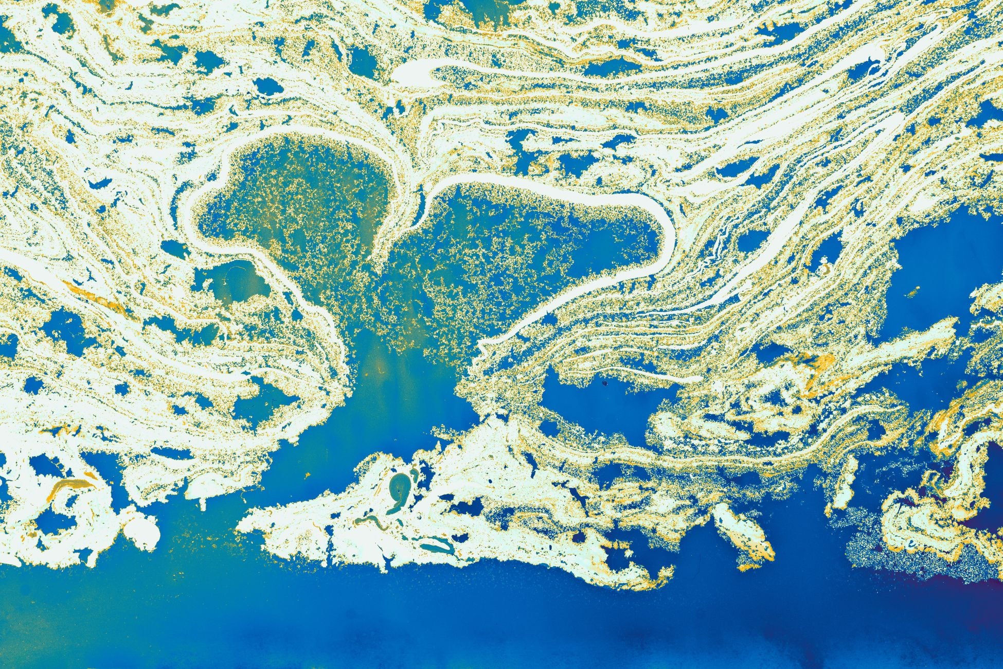 Intricate abstract pattern resembling a surreal landscape, with blue and white tones.