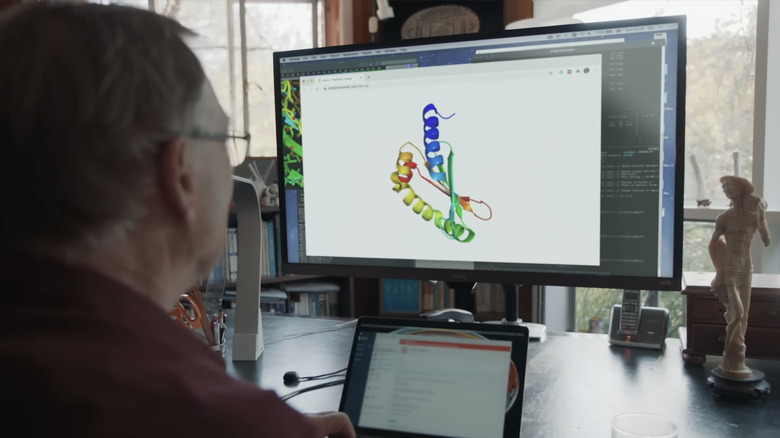 A person on a computer showing protein folds.