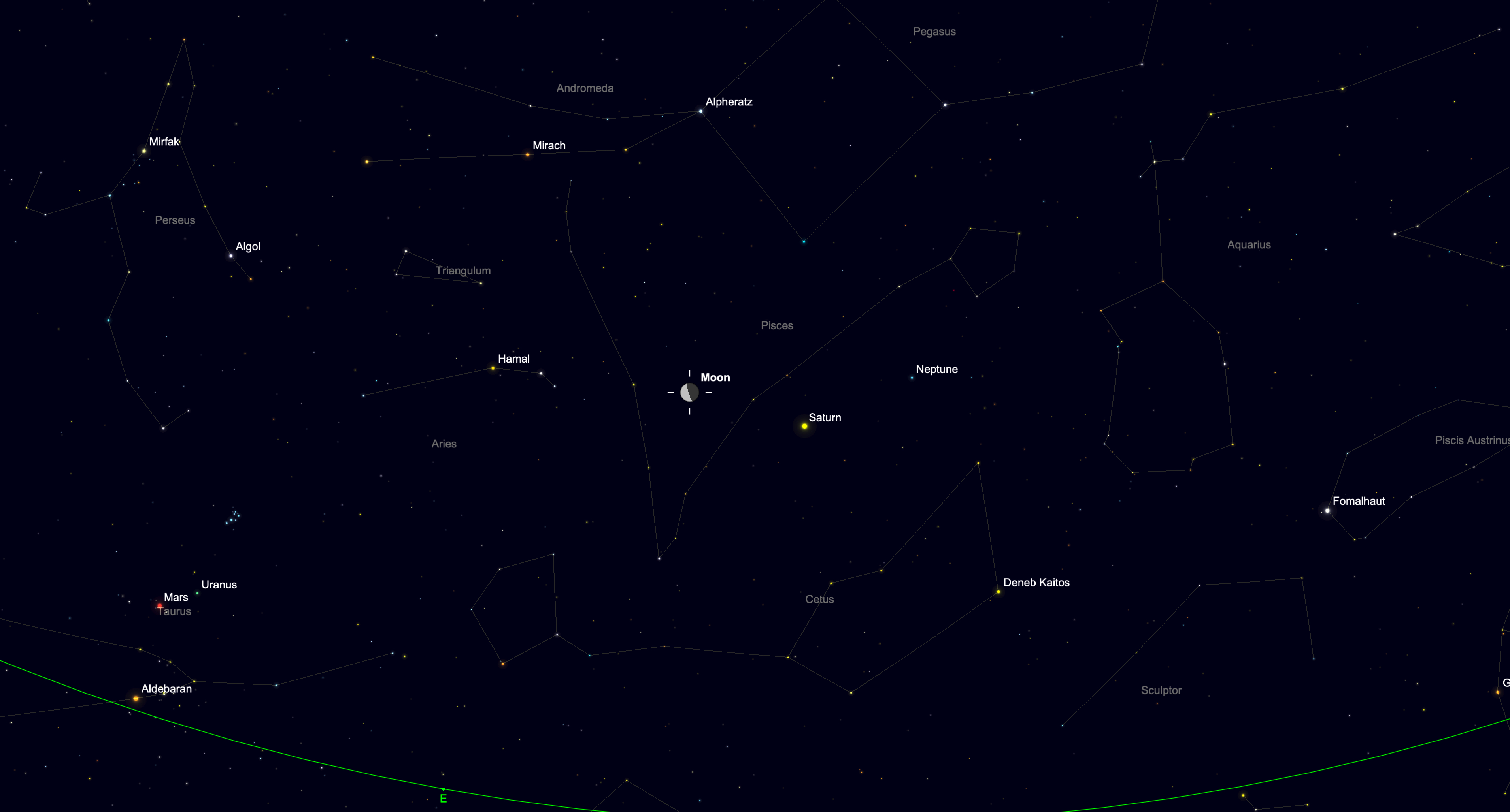 Star chart showing a waning crescent moon above bright Saturn in the southeastern predawn sky.