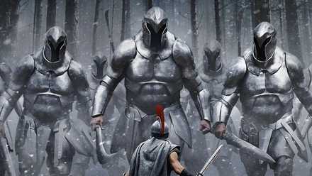 A group of Laestrygonians in silver armor about to attack Odysseues (Matt Damon) in The Odyssey