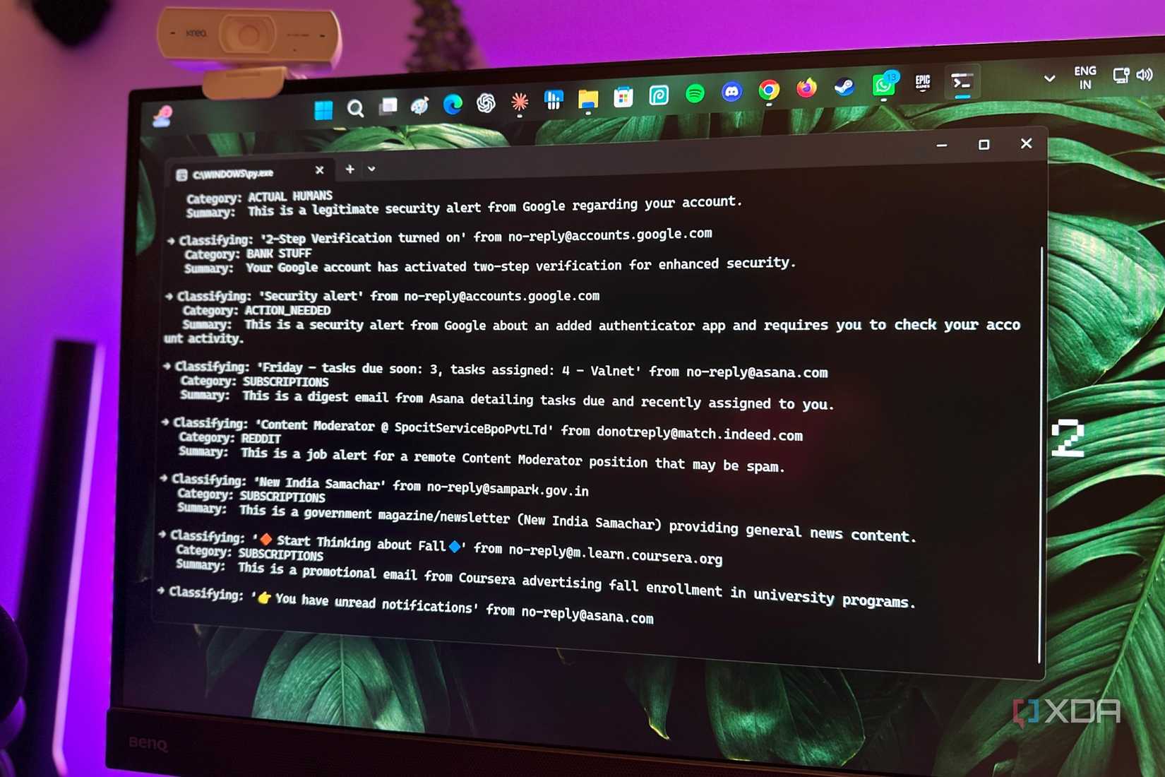 Local AI model Gemma 4 sorting emails using Ollama.