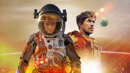 Matt Damon in The Martian and Ryan Gosling in Project Hail Mary in spacesuits against a stylized space background.