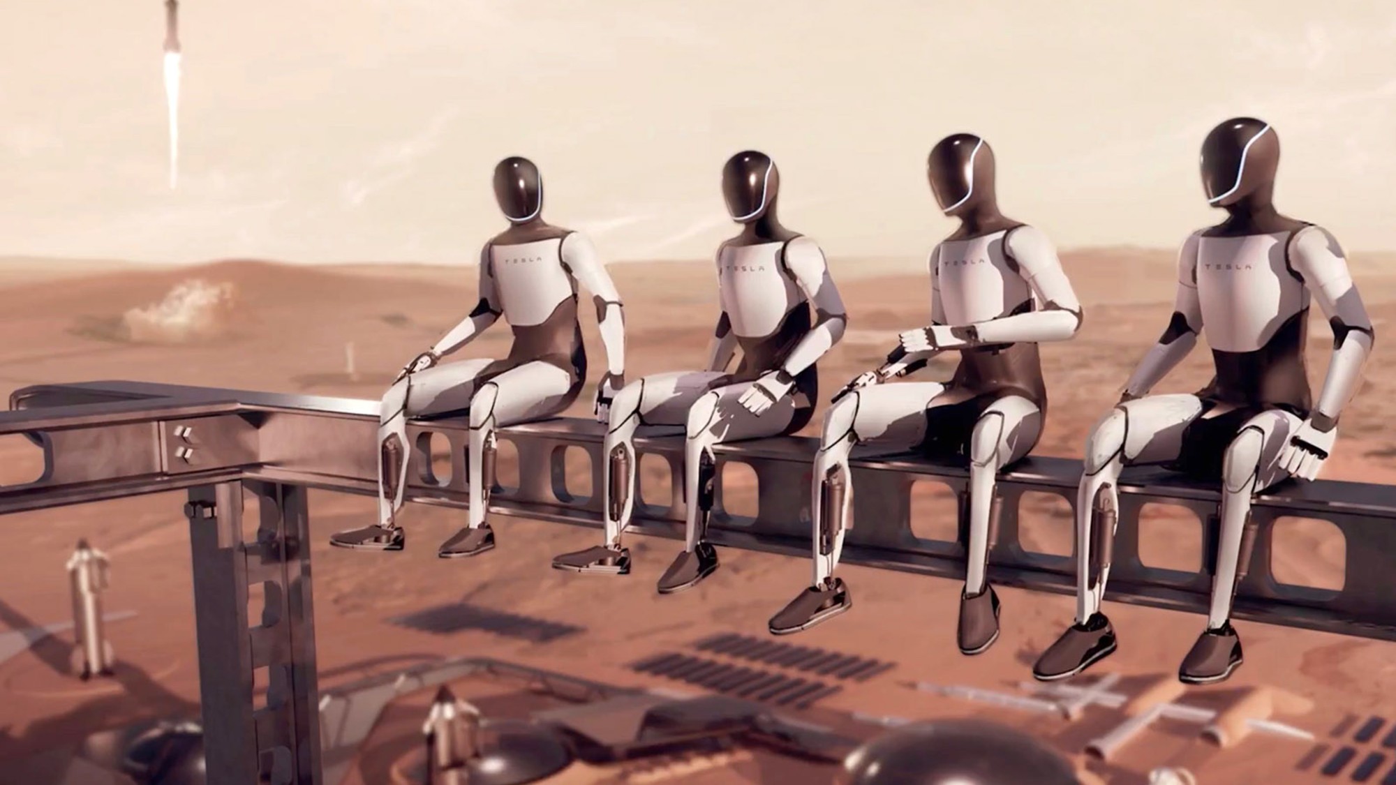 four sleek humanoid robots sit side-by-side on an i-beam at a construction site above a reddish orange dusty landscape below
