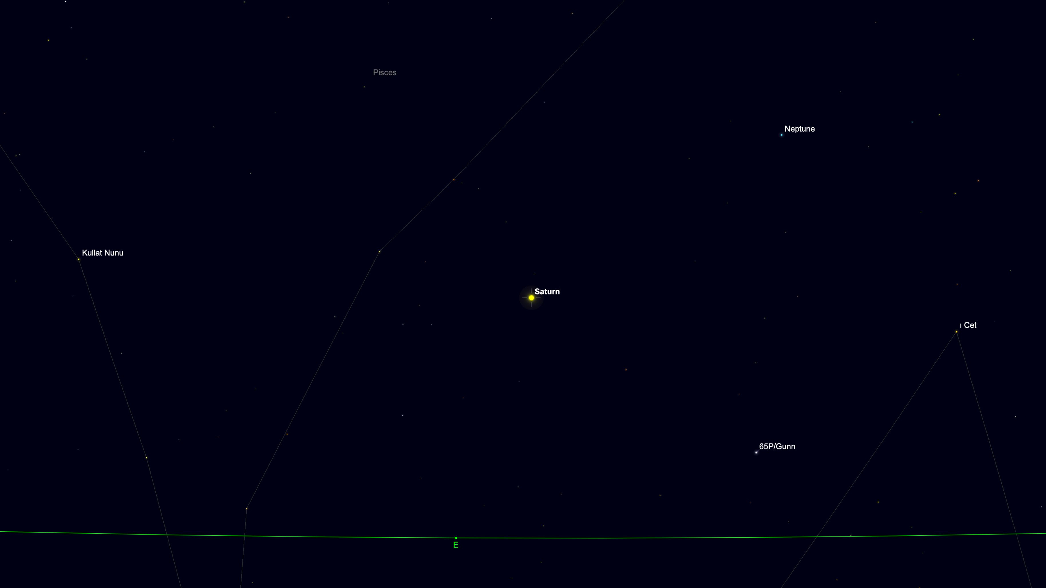 A starchart for Aug. 26 showing Saturn shining in a black simulated night sky below the stars of the constellation Pisces.