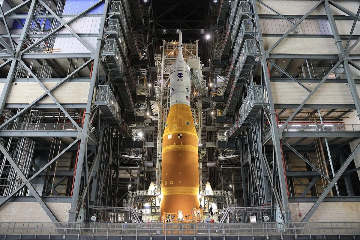 NASA’s Artemis II Space Launch System at NASA’s Kennedy Space Center in Florida, USA – almost as close to the equator as you can get, without leaving the USA! Credit: NASA/Kim Shifflett