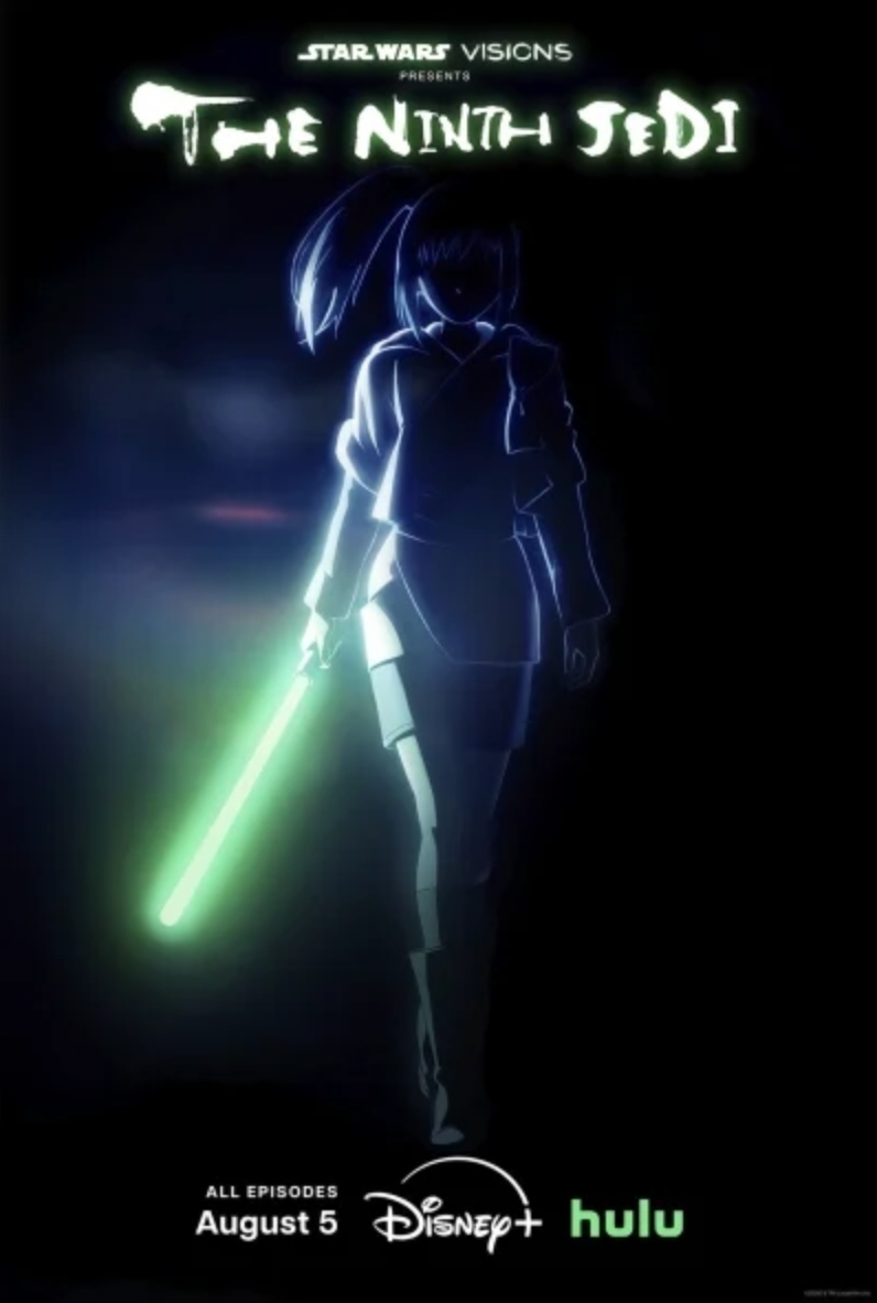 a poster for an anime series with a girl holding a green lightsaber