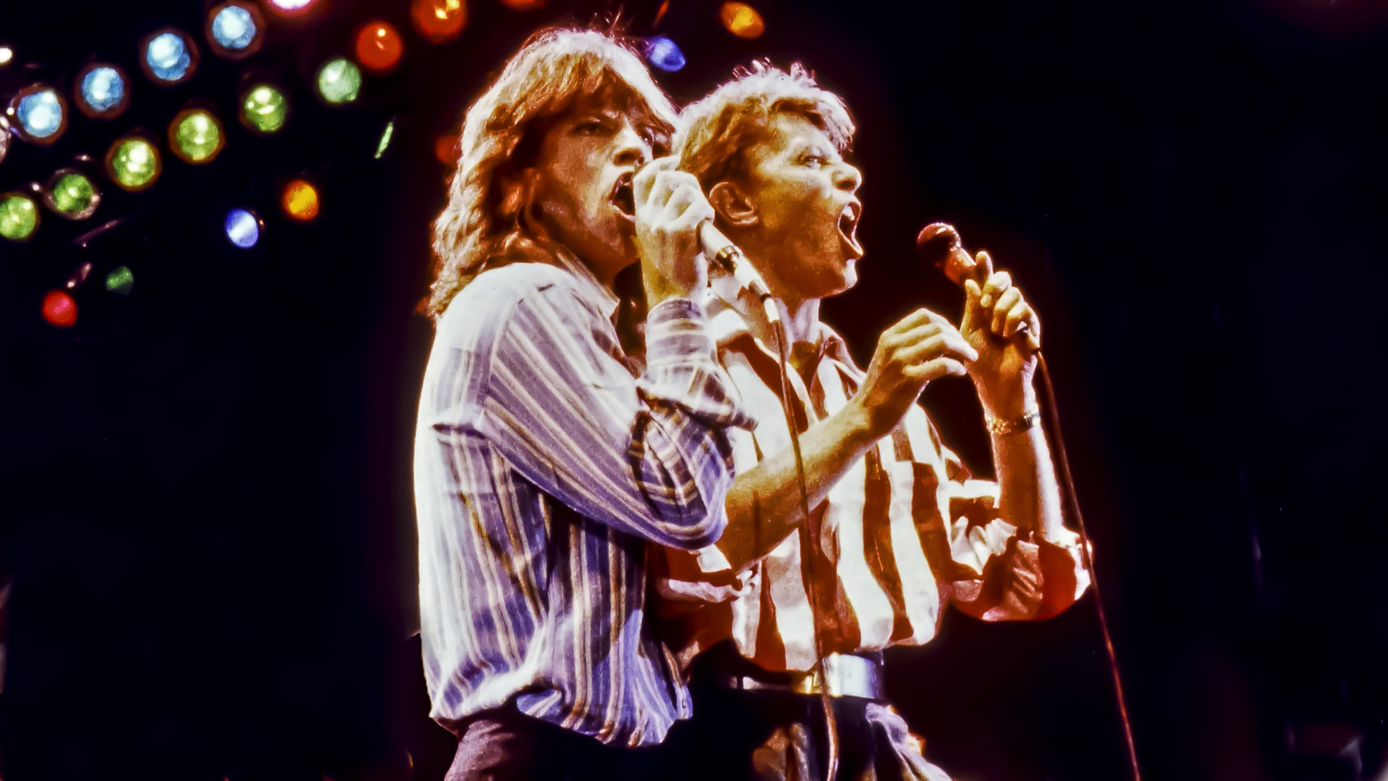 Mick Jagger and David Bowie performing Dancing In the Streets at The Prince's Trust 10th Birthday Party at Wembley Arena on June 20 1986.