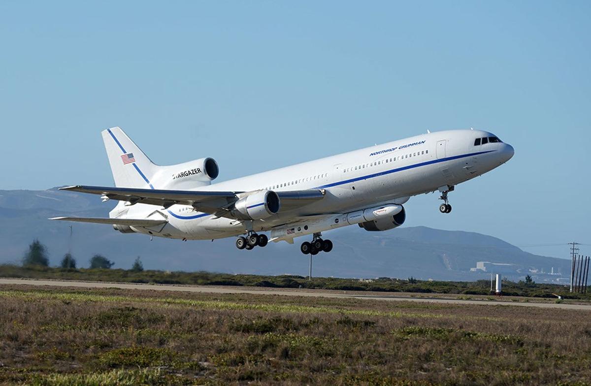Northrop Grumman’s Stargazer, a modified L-1011 aircraft takes off from Vandenberg Air Force Base in California. The company’s Pegasus XL rocket, carried beneath the aircraft as shown here, will launch Katalyst’s LINK spacecraft.