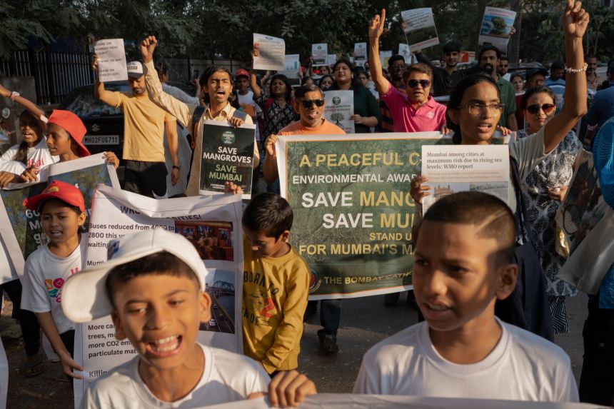 Nicolò Brugnara’s photo was part of a series that won him the Portfolio Stories category.<strong> </strong>It shows hundreds of people gathered in Mumbai to oppose a coastal road project, with signs reading