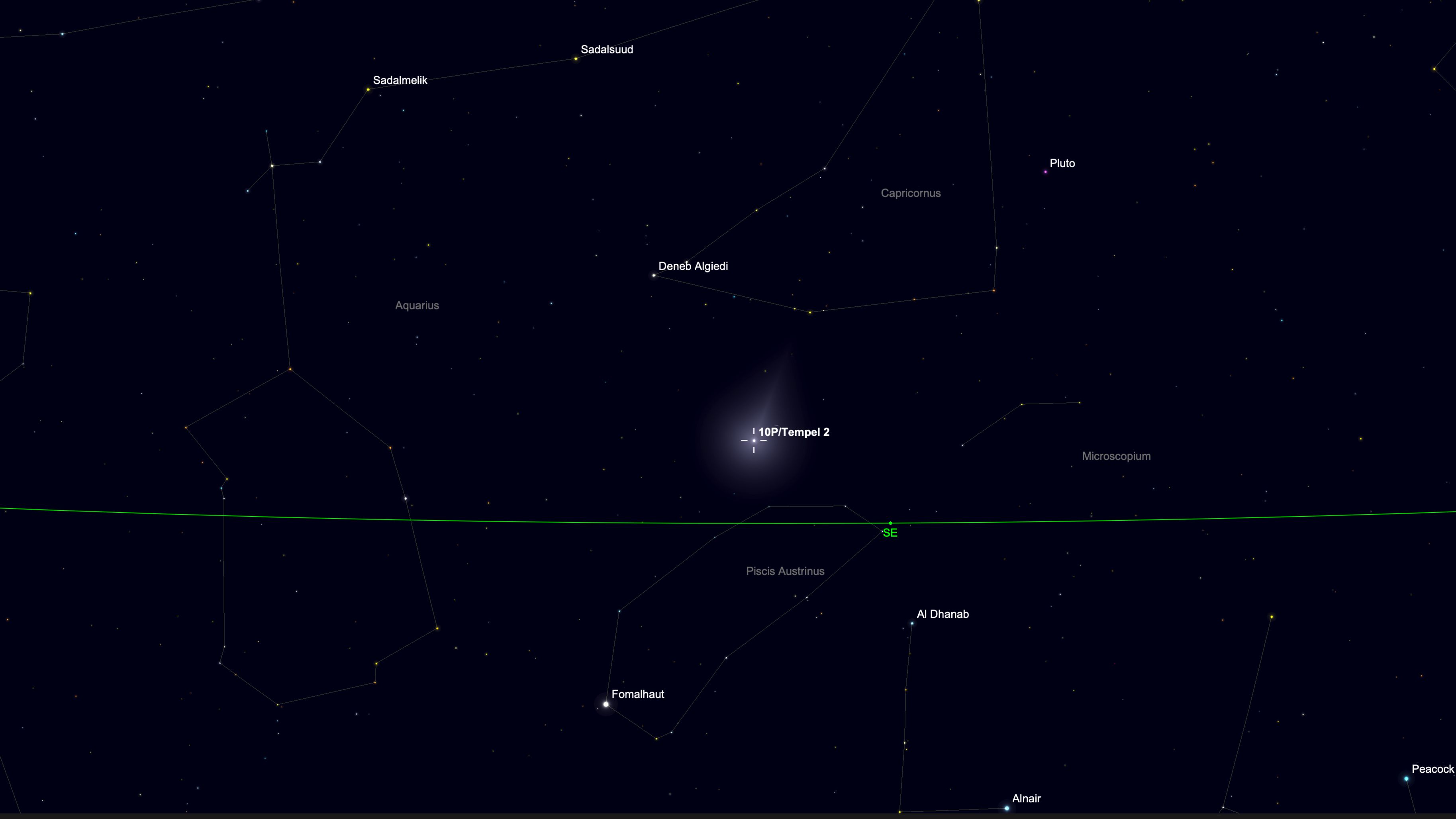 A starmap showing the location of Comet 10P-Tempel in a simulated night sky surrounded by prominent stars.