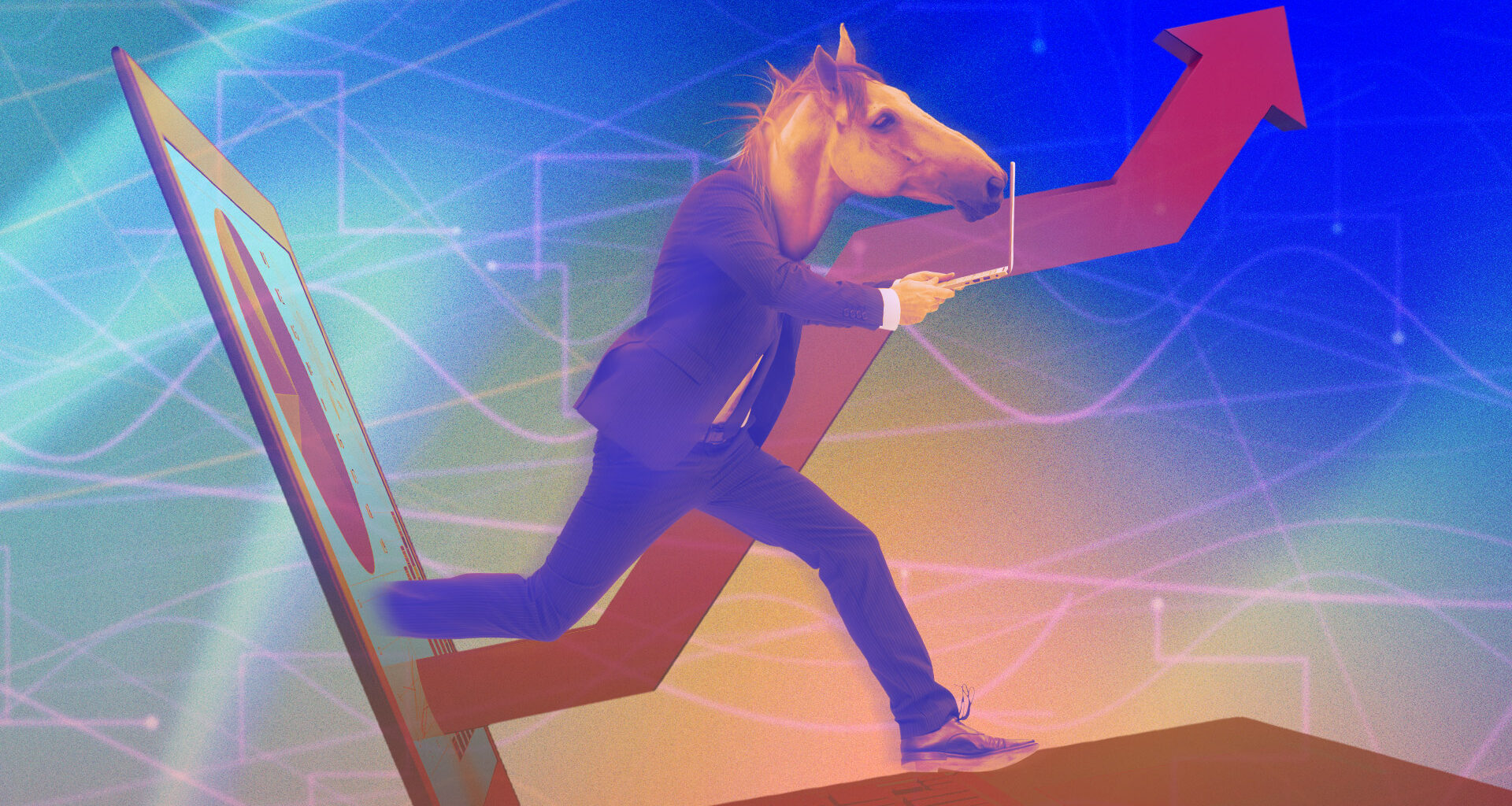 Man with horse head jumping out of a laptop screen