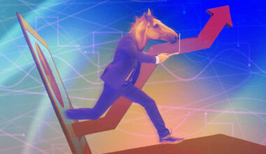 Man with horse head jumping out of a laptop screen