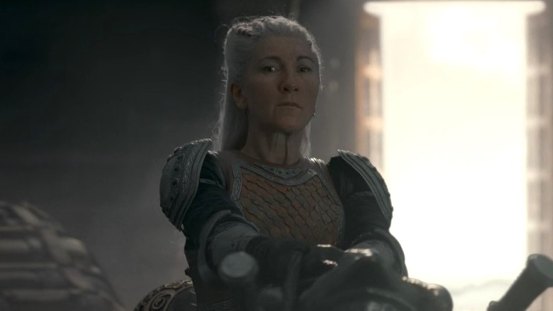 Eve Best as Rhaenys riding a dragon in House of the Dragon