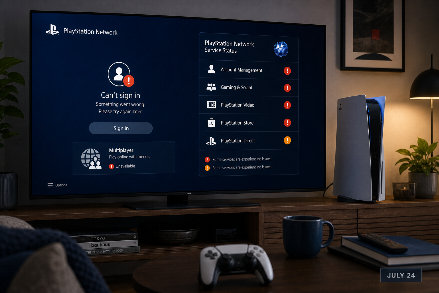 PlayStation Network account authentication and online gaming fail during the July 24 outage