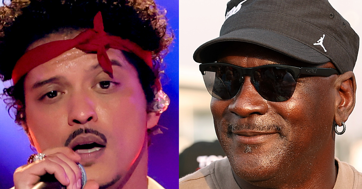 (L) Bruno Mars performs onstage during the 68th GRAMMY Awards at Crypto.com Arena on February 01, 2026 in Los Angeles, California. (R)  Michael Jordan, NBA Hall of Famer and co-owner of 23XI Racing looks on in victory lane after Tyler Reddick, driver of the #45 Xfinity Toyota, wins the NASCAR Cup Series Goodyear 400 at Darlington Raceway on March 22, 2026 in Darlington, South Carolina.