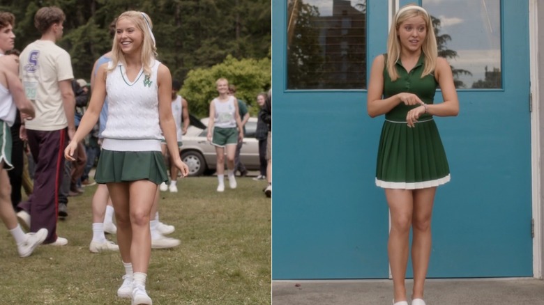 Composite image of Elle walking outside and smiling, and Elle standing outside pointing to her watch
