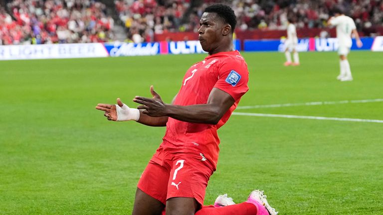 Switzerland's Breel Embolo (7) celebrates after scoring his team's first goal