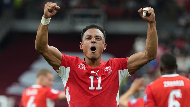 Switzerland's Dan Ndoye (11) celebrates after scoring his side's second goal