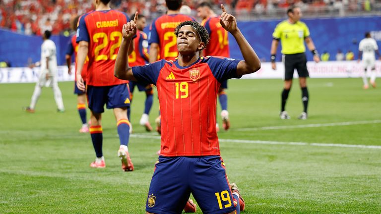 Spain's Lamine Yamal celebrates after scoring his side's opening goal (AP Photo/Erik S.Lesser)
