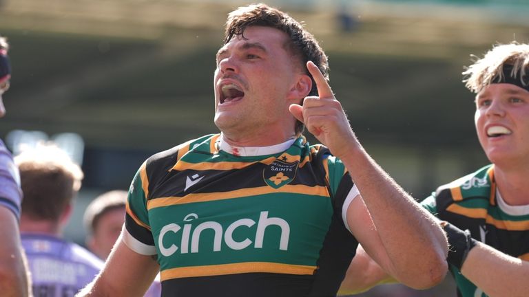 Northampton Saints' George Furbank celebrates scoring his side's sixth and winning try