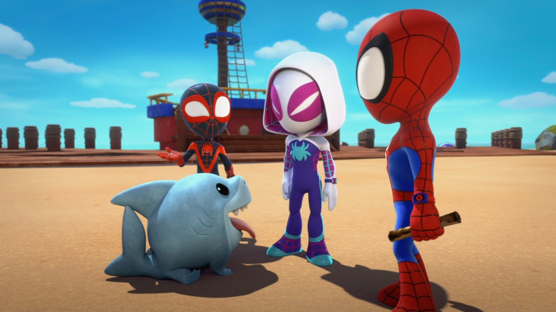 Miles, Gwen, Spider-Man, and Jeff the Land Shark in Spidey and His Amazing Friends