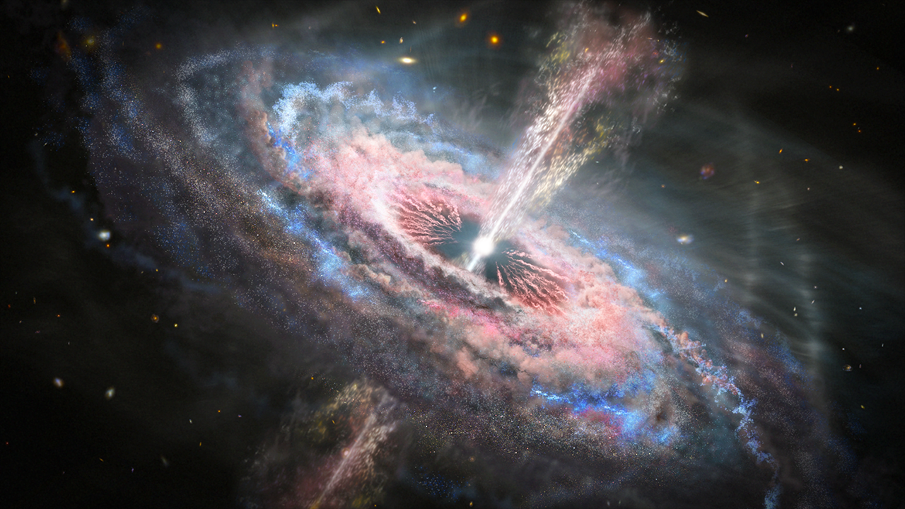 This artist's concept depicts a distant galaxy with an active quasar at its center. Hubble found that the radiation pressure from the vicinity of the black hole pushes material away from the galaxy's center at a fraction of the speed of light. The "quasar winds" are propelling hundreds of solar masses of material outward into the galaxy disk each year. This affects the entire galaxy as the material snowplows into surrounding gas and dust. Credit: NASA, ESA, and J. Olmsted (STScI)