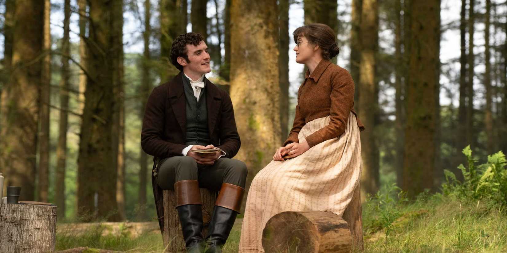 Ella Bruccoleri as Mary sits outside and talks with Dónal Finn as Mr. Hayward in The Other Bennet Sister