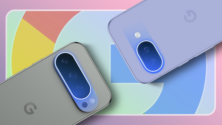 Two Google Pixel phones are shown from the back, highlighting their camera modules, with a colorful abstract background inspired by the Google logo.