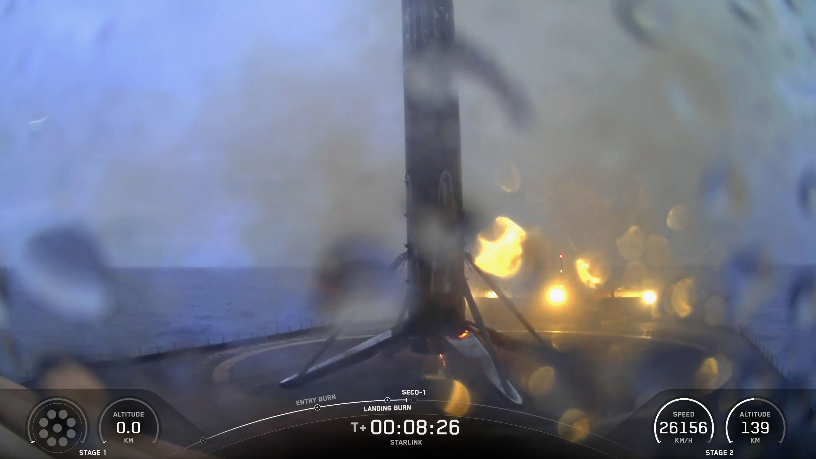 The first stage of a SpaceX Falcon 9 rocket rests on a ship at sea shortly after launching 29 Starlink satellites from California's Vandenberg Space Force Base on July 10, 2026.