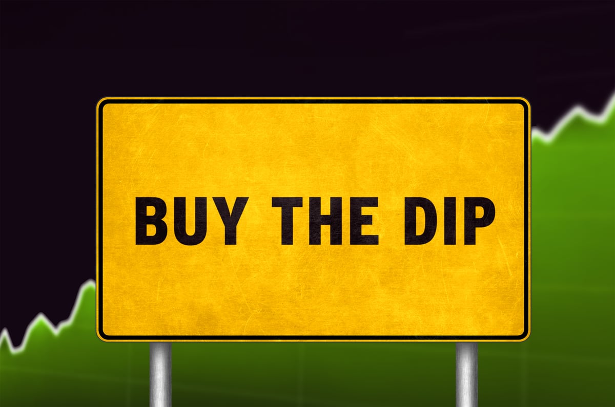 A sign reading, buy the dip.