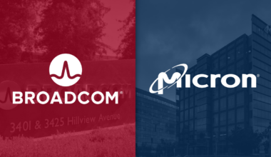 Broadcom and Micron logos against red and blue backgrounds, respectively.