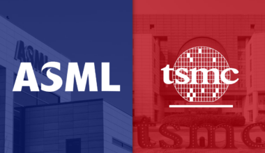 ASML and TSMC logos against blue and red backgrounds, respectively.