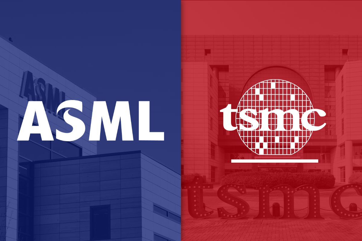 ASML and TSMC logos against blue and red backgrounds, respectively.