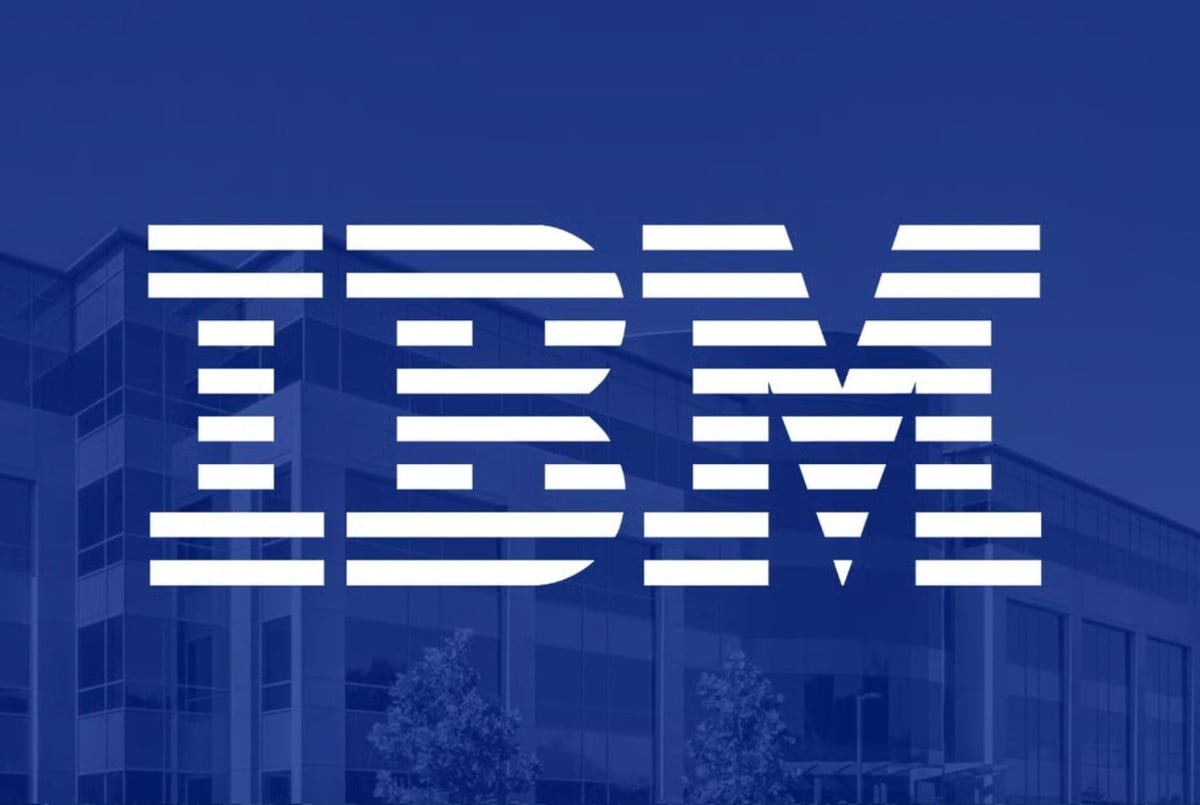 IBM logo - IBM in white on blue background.