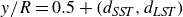 y divided by upper R equals 0.5 plus left parenthesis d Subscript upper S upper S upper T Baseline comma d Subscript upper L upper S upper T Baseline right parenthesis