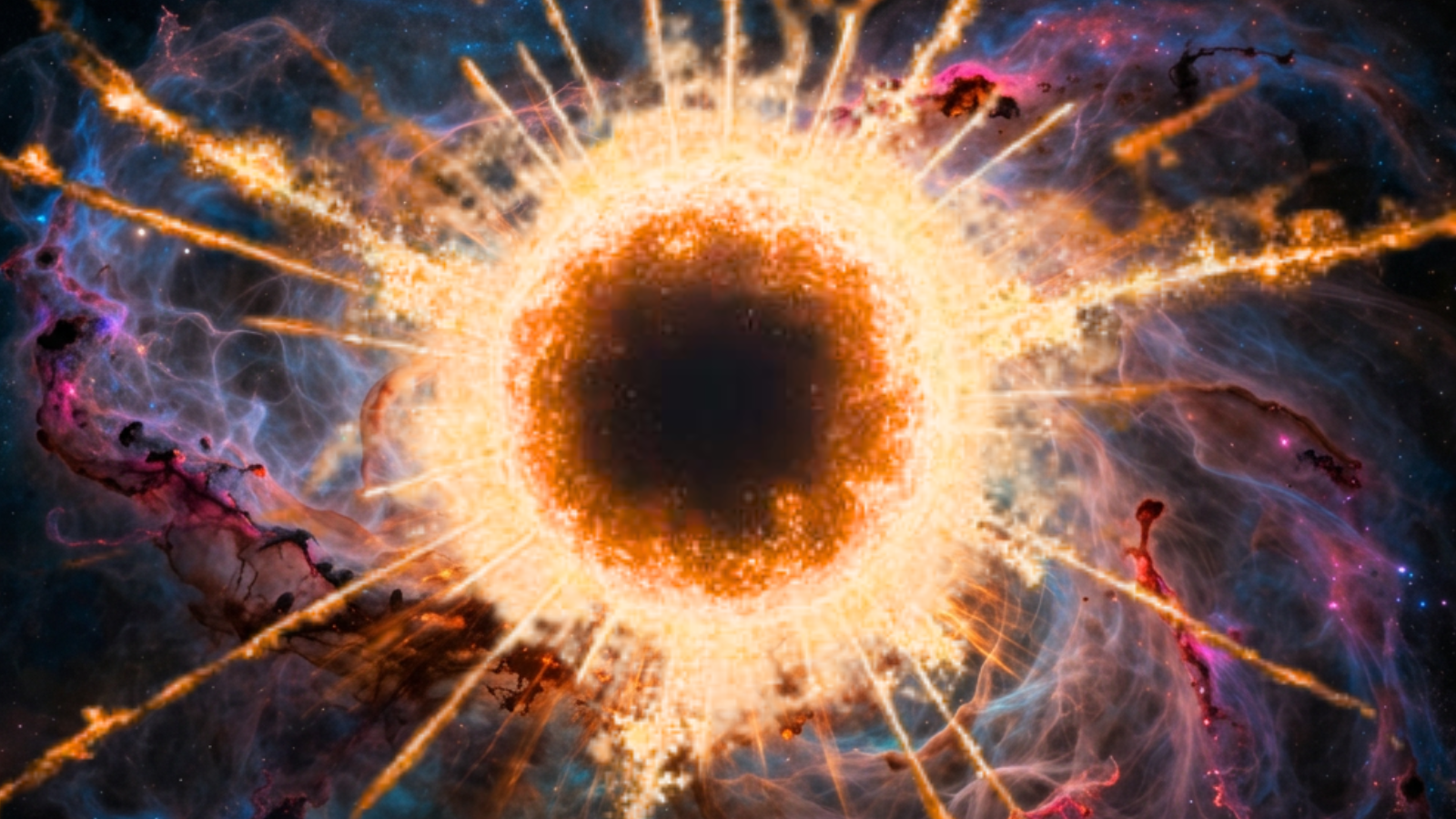 A dark center surrounded by exploding yellow patterns.
